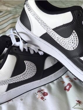 Nike Court Vision Low Custom Bling Rhinestone Sneakers Black/White 8.5
